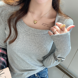 内搭白色修身 灰色圆领长袖 纯色打底衫 春季 纯棉上衣 t恤女2026新款