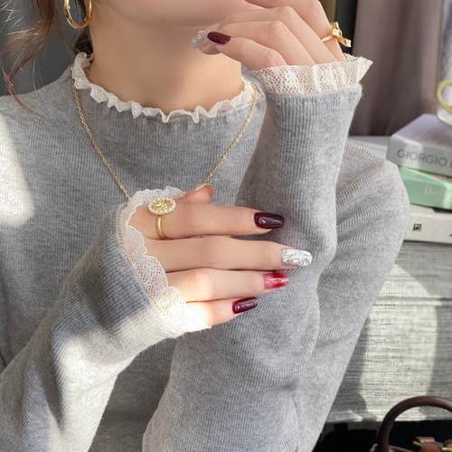 蕾丝半高领针织衫女长袖