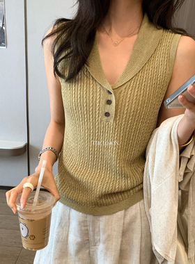 龙妹绿色翻领麻花针织吊带背心女夏外穿2026新款韩系穿搭无袖上衣