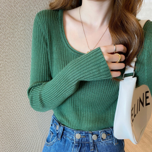 紧身毛衣绿色针织衫 打底衫 薄款 新款 上衣 女春秋内搭洋气2026年春季