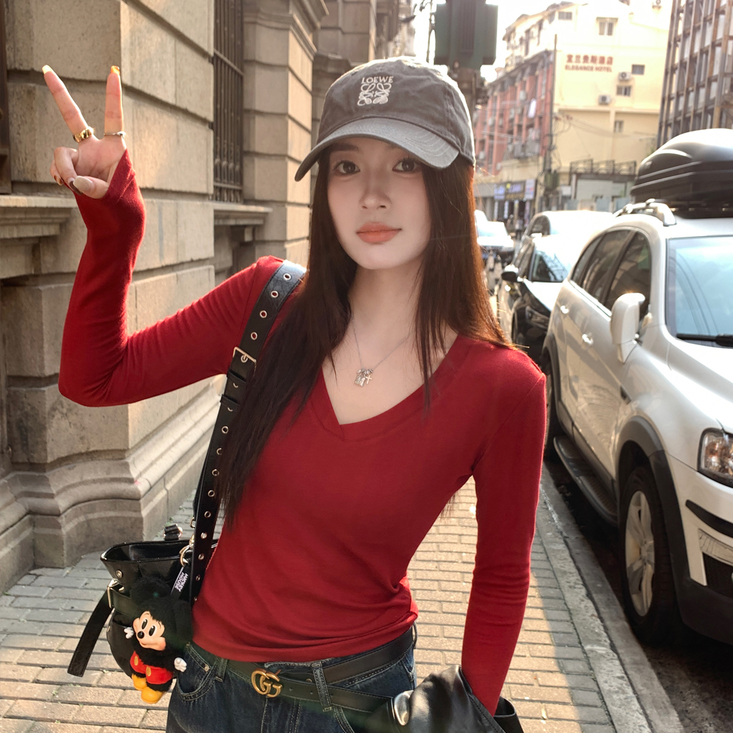 红色V领长袖打底衫女款内搭上衣