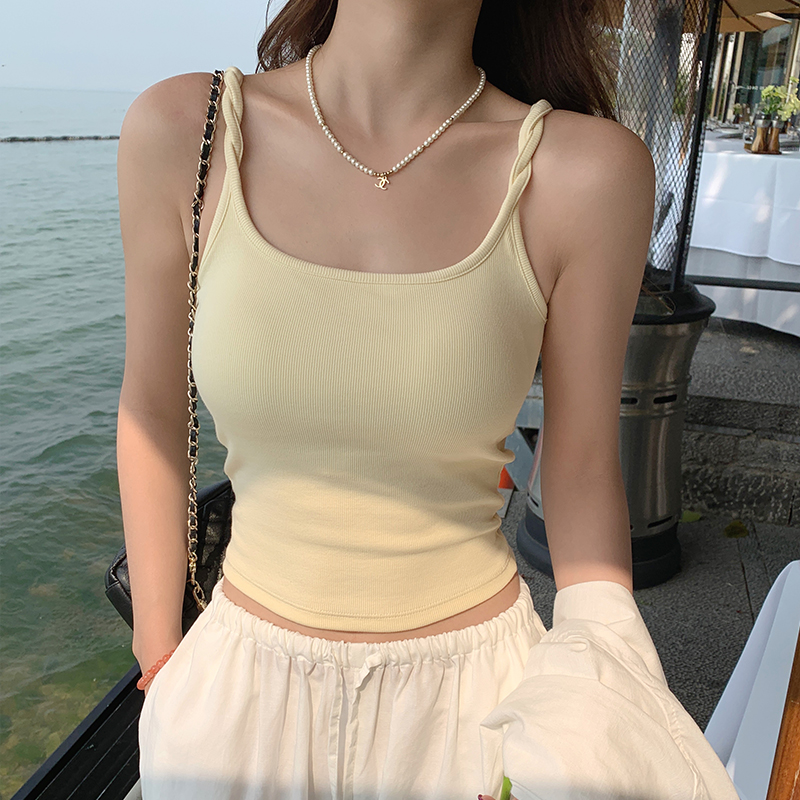夏季黄色独特吊带背心女短款修身