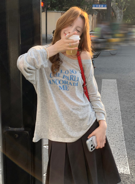 龙妹灰色斜肩印花长袖T恤女2026夏新款天丝宽松防晒罩衫显瘦上衣