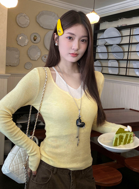 龙妹家挂脖上衣黄色假两件针织衫女内搭修身2026秋季新款长袖打底