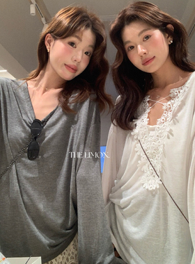 龙妹家灰色V领蕾丝长袖T恤女外穿防晒罩衫2026夏新款薄款宽松上衣