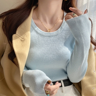 龙妹蓝色羊绒打底衫毛衣女装内搭2025新款冬流行爆款穿搭针织上衣