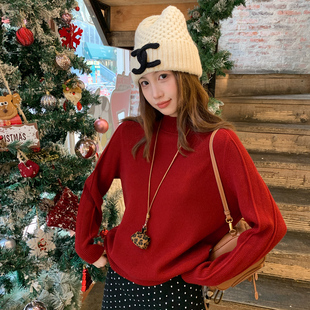 龙妹家红色半高领打底衫毛衣女内搭2025新款爆款冬季穿搭针织上衣