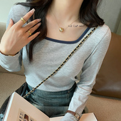 法式 方领打底女高级感露锁骨低领长袖 T恤2026春内搭外穿黑色上衣