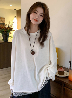 白色大码竹节棉蕾丝长袖T恤女2026春夏季叠穿休闲打底衫宽松上衣