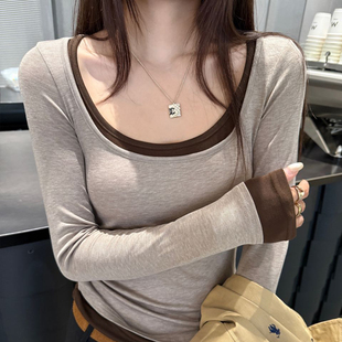 龙妹家假两件上衣女2026春装新款独特打底衫内搭低领洋气长袖T恤