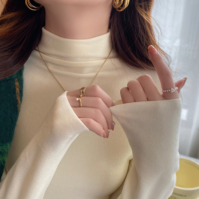 杏色半高领加厚长袖T恤女修身