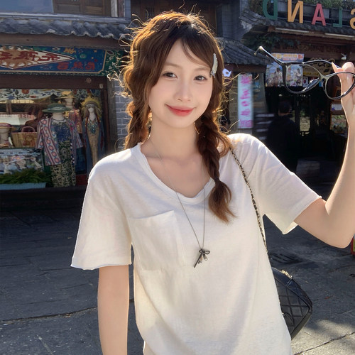 【复古做旧V领短袖T恤】减龄佰搭