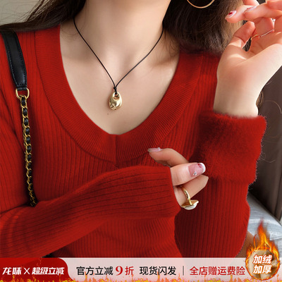 红色V领针织打底衫女加绒加厚