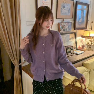 龙妹家紫色圆领针织开衫外套女外穿2026新款早春韩系穿搭宽松上衣