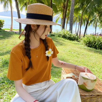 夏季橘色圆领短袖t恤女宽松上衣