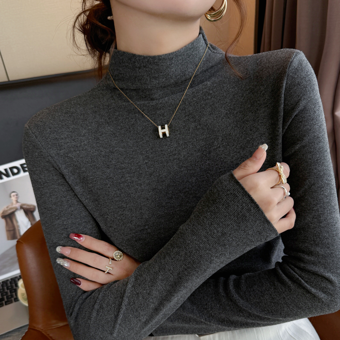 秋冬新款磨毛加绒打底衫女内搭