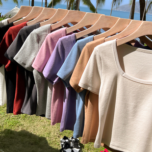 纯色短袖t恤女春夏款2026年新款锁骨正肩T恤修身法式方领短款上衣