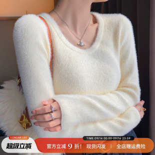加绒加厚圆领毛衣女春秋季保暖2026新款白色修身针织内搭打底上衣