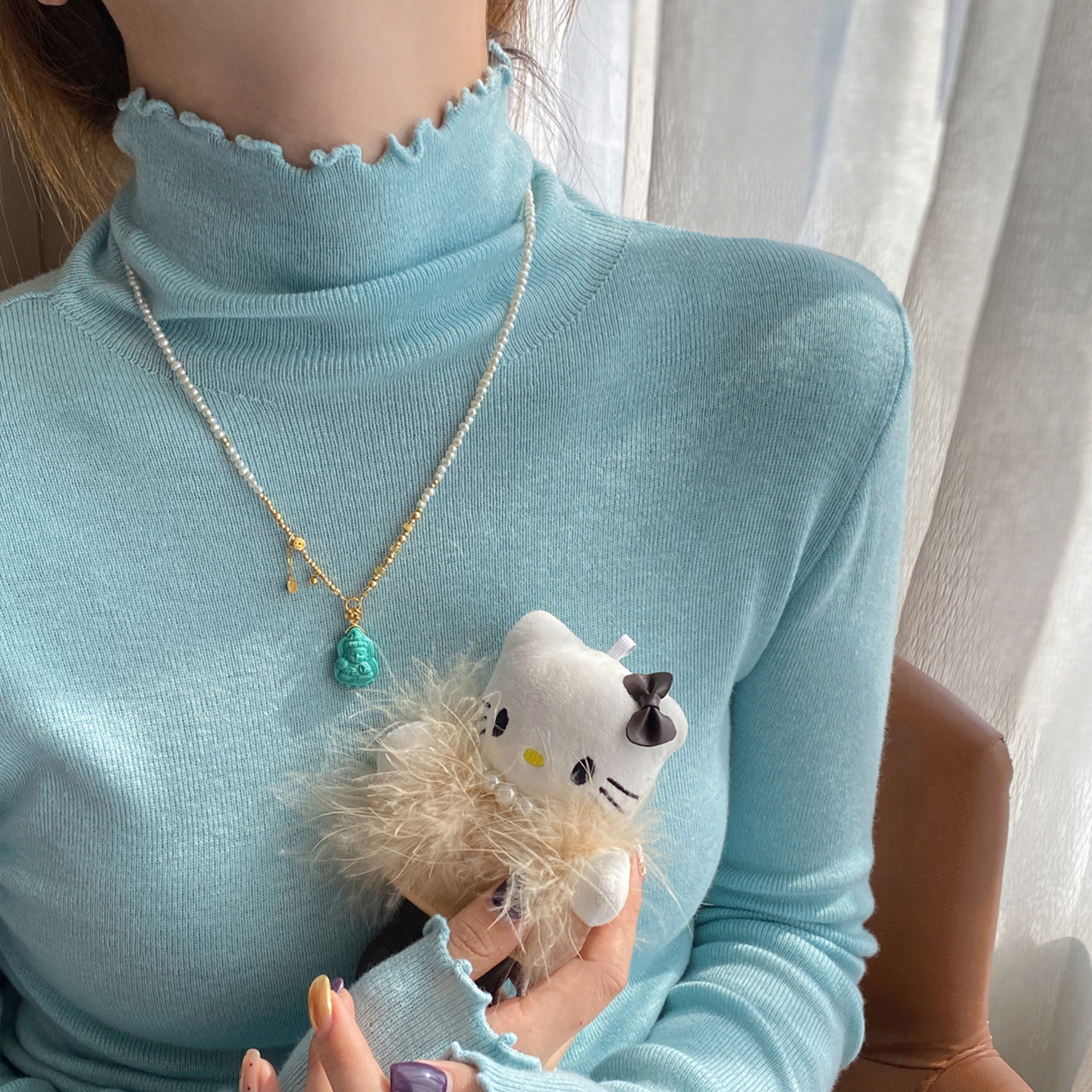 【绝美木耳边】蓝色半高领打底衫