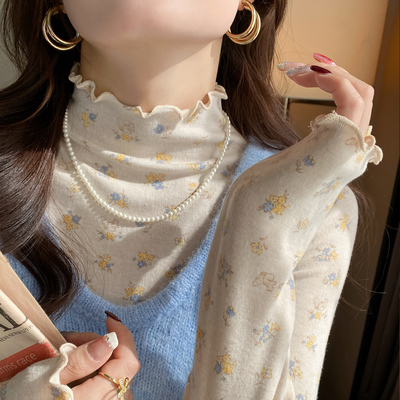 半高领木耳边长袖打底衫女士内搭