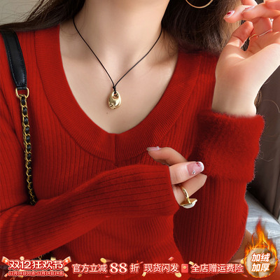 红色V领针织打底衫女加绒加厚