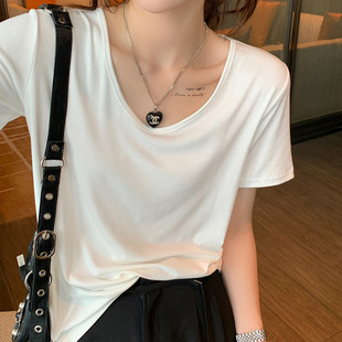 莫代尔短袖白色面膜t恤女春夏款大圆领2026年冰丝U领宽松薄款上衣