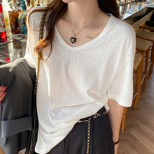 竹节棉v领t恤女短袖春夏薄款2026年新款白色半袖冰丝棉麻宽松上衣