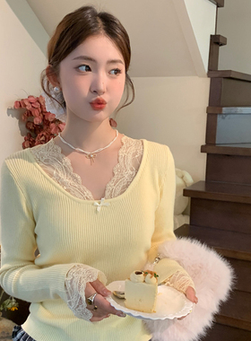 黄色低圆领蕾丝边针织打底衫女内搭2026春秋季新款设计感毛衣上衣