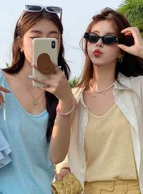 龙妹家蓝黄色棉麻吊带背心女夏外穿新款宽松大码打底内搭无袖上衣