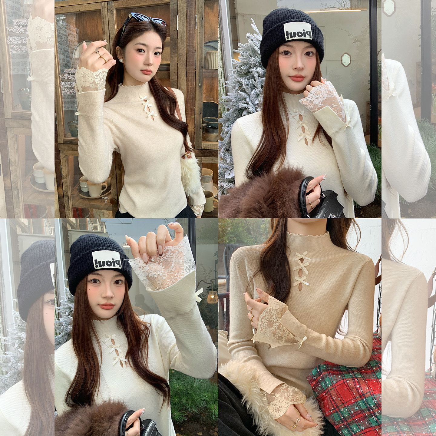 龙妹家杏色半高领毛衣打底衫女内搭2025冬新款蕾丝木耳边针织上衣,女装/女士精品,毛针织衫,淘宝优惠券,粉丝福利购,淘宝优惠卷