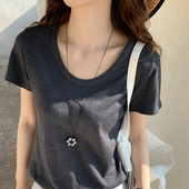 T恤女2026年春夏季 新款 韩版 灰色大领口正肩短袖 休闲宽松半袖 上衣