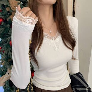 龙妹白色V领蕾丝加绒打底衫女内搭外穿2026春新款修身长袖T恤上衣