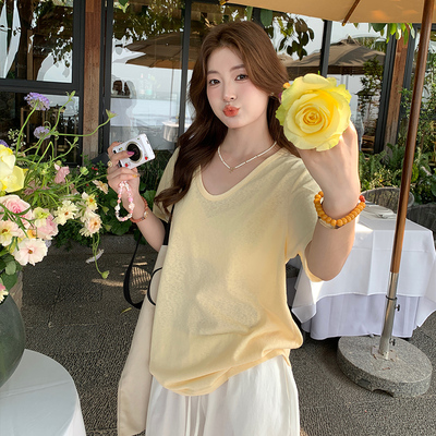 黄色V领冰丝棉麻短袖T恤