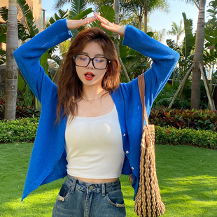 蓝色防晒针织开衫外套女薄款外搭2026春秋季新款冰丝长袖打底上衣