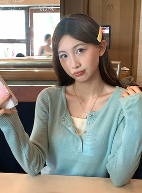 龙妹家蓝色假两件针织衫女内搭修身2025秋季新款毛衣长袖打底上衣