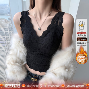 龙妹黑色蕾丝德绒吊带带胸垫保暖背心女内搭2026春装新款打底上衣