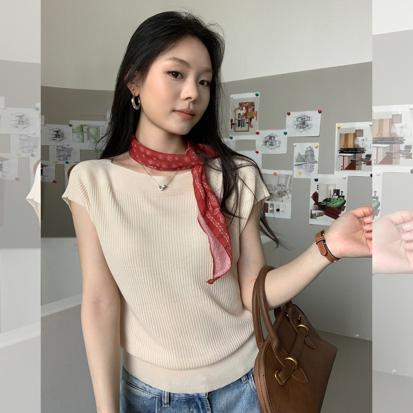 龙妹杏色莱赛尔针织短袖T恤女夏外穿2026新款小飞袖气质宽松上衣