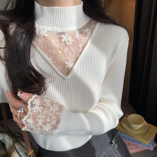 白色V领蕾丝打底衫女内搭2025秋冬季新款挂脖毛衣设计感针织上衣