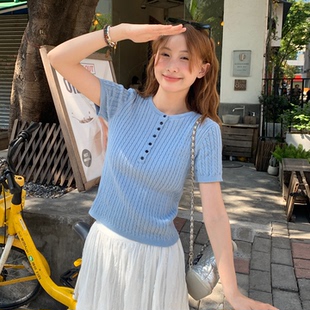 龙妹家蓝色纯棉针织短袖T恤女外穿2026新款早春漂亮穿搭气质上衣