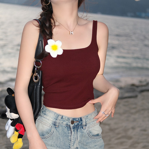 红色美背带胸垫吊带背心女