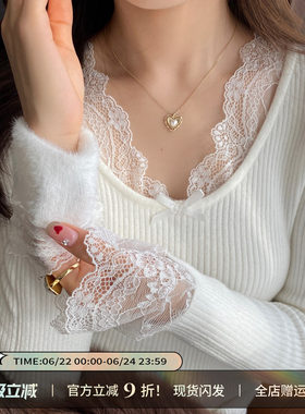 白色内搭蕾丝v领针织衫女