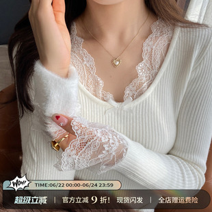 v领蕾丝加绒加厚针织打底衫女2026春秋新款白色内搭毛衣保暖上衣
