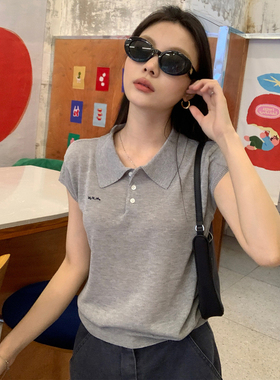 龙妹灰色POLO领镂空针织短袖T恤女外穿2026夏季新款宽松遮肉上衣