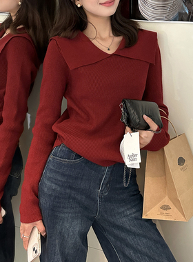 红色翻领设计感毛衣女内搭2025春秋新款polo领针织衫长袖打底上衣
