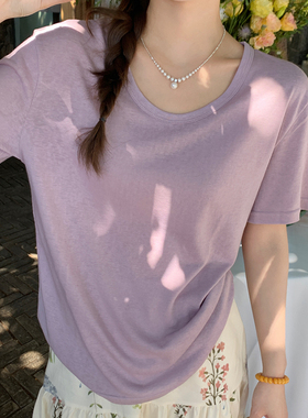 龙妹家紫色V领竹节棉薄款短袖T恤女2026春夏新款冰丝棉麻宽松上衣