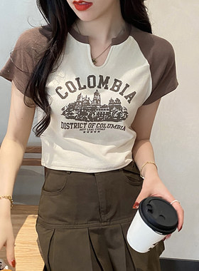 美式复古修身正肩短袖女