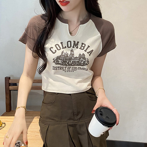 美式复古修身正肩短袖女