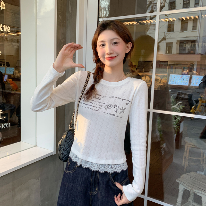龙妹家白色蕾丝长袖上衣女内搭打底衫2025早秋新款设计感修身T恤