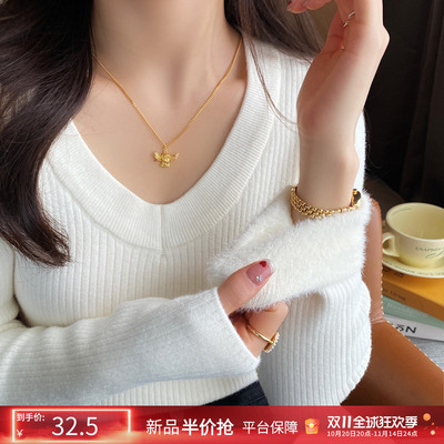 白色加绒加厚V领打底衫女内搭