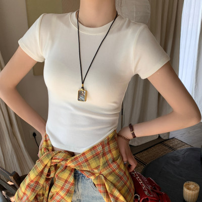 杏色圆领正肩短袖T恤女修身上衣